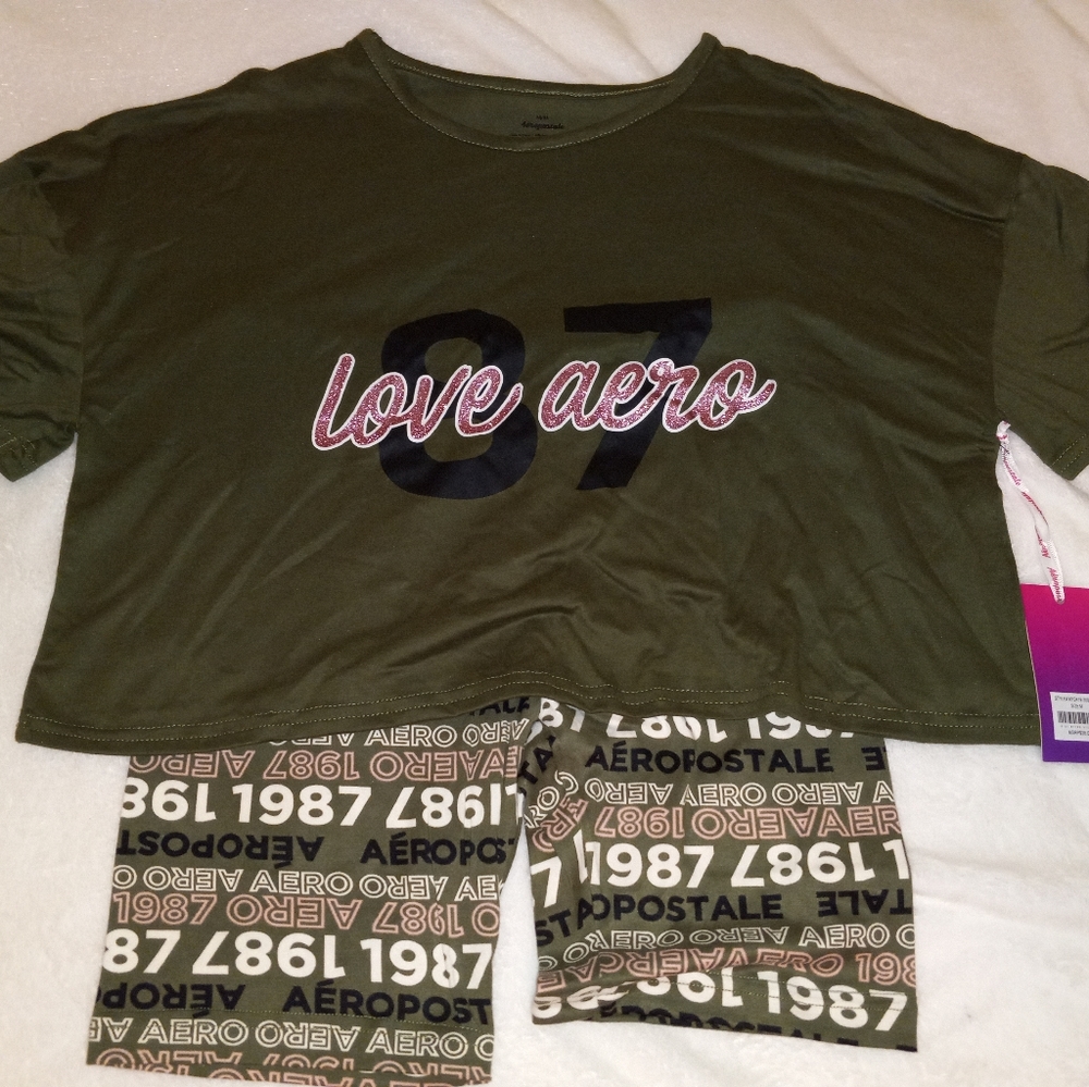 Army Green Aeropostale Cropped Shirt And Shorts Set